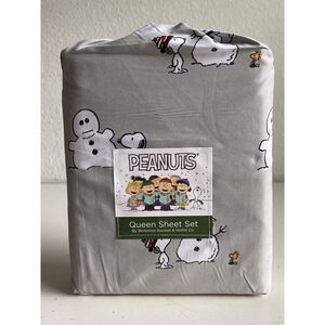 Peanuts‎ Snoopy Woodstock QUEEN SIZE Sheet Set Christmas Snowman Winter Grey NEW